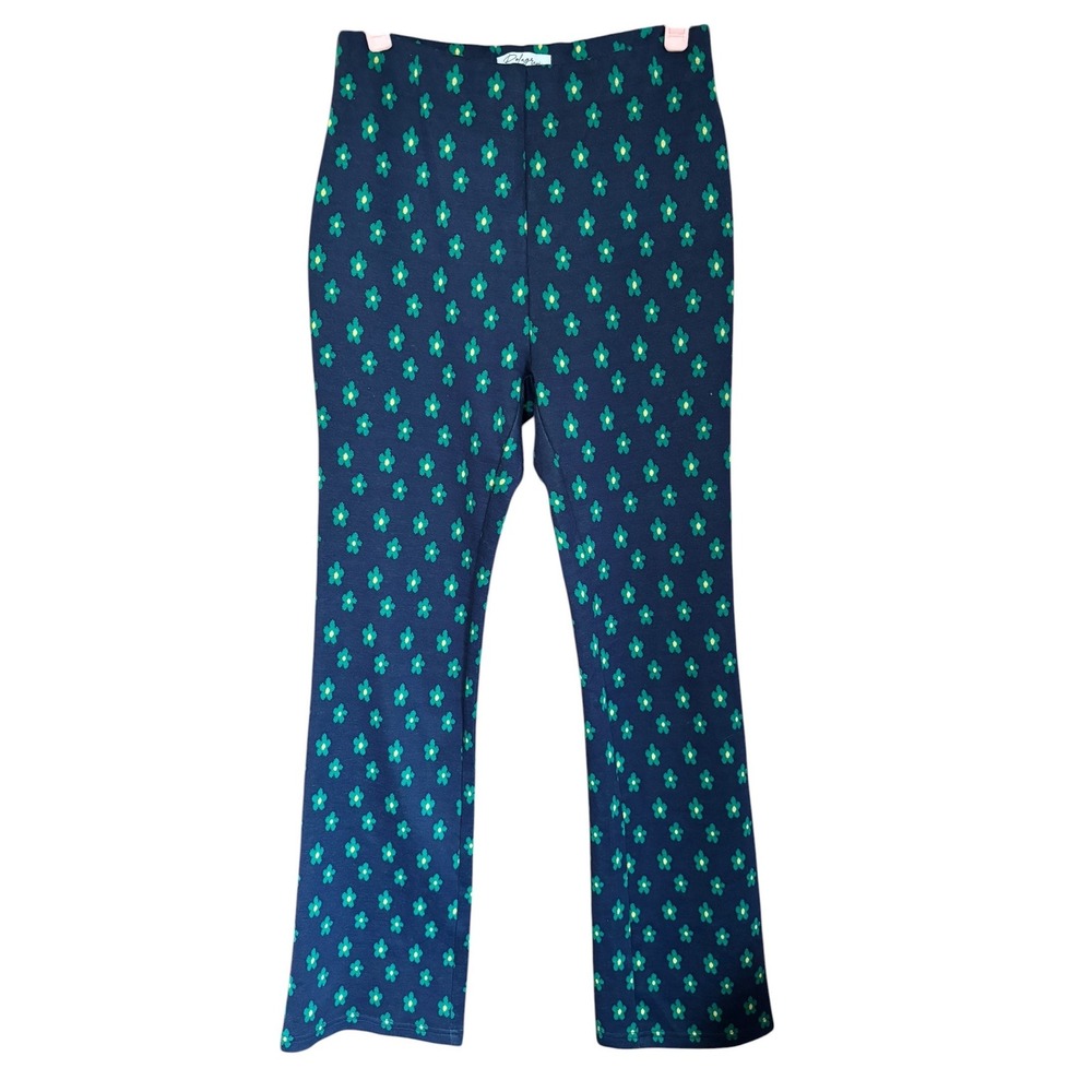 Polagram Navy Blue Green Daisy Floral Knit High Waisted Pants Medium